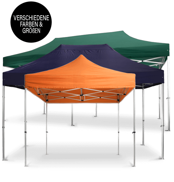 Drei Faltzelte in Orange, Dunkelblau und Grün stehen hintereinander gestaffelt; links oben ein Kreis mit dem Hinweis „Verschiedene Farben & Größen“.