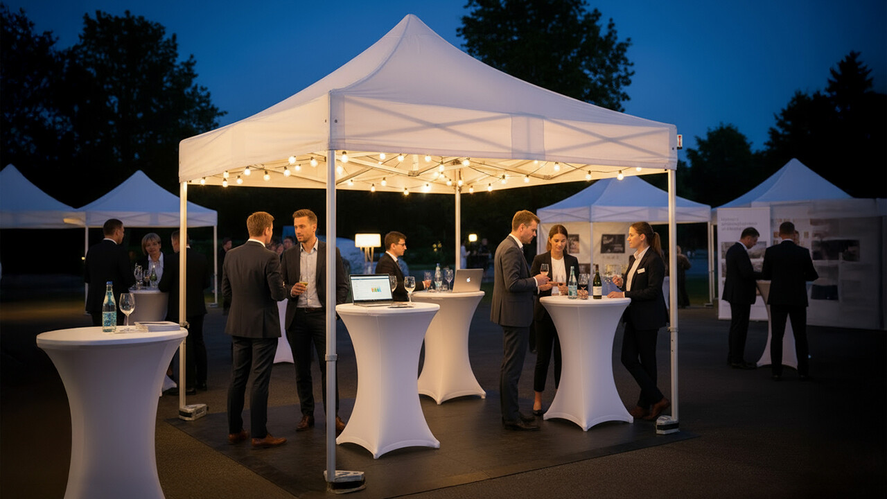 Abendliches Firmenevent unter weißen Pavillons mit...