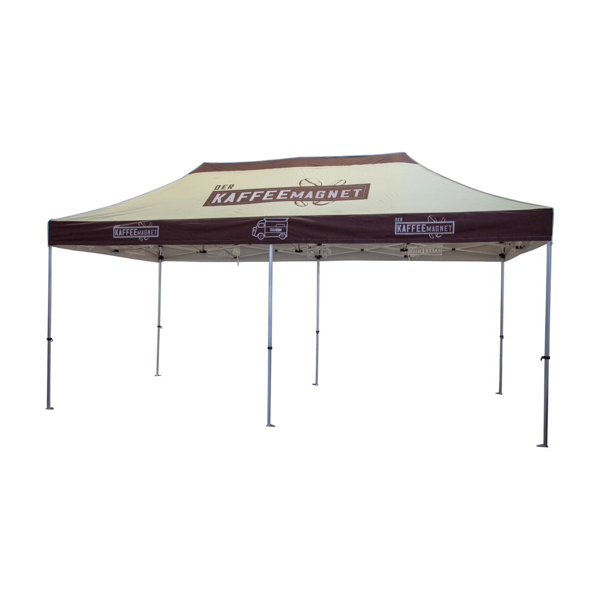 Beige-braunes Faltzelt mit dem Schriftzug „Der Kaffeemagnet“ und Kaffee-Bohnen-Grafik auf dem Dach, seitlich Logos und ein Symbol eines Kaffeewagens.