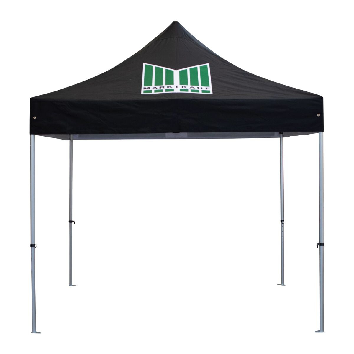Schwarzes Faltzelt mit grün-weißem Marktkauf-Logo auf der Dachspitze, silberne Metallbeine, freistehend auf weißem Hintergrund.