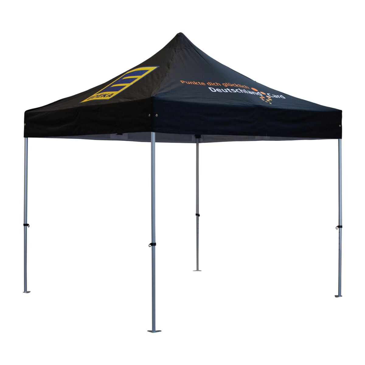 Schwarzes Faltzelt mit großem gelb-blauem Edeka-Logo an der Seite und dem Schriftzug „Punkte dich glücklich – DeutschlandCard“ auf dem Dach, silberne Metallbeine.