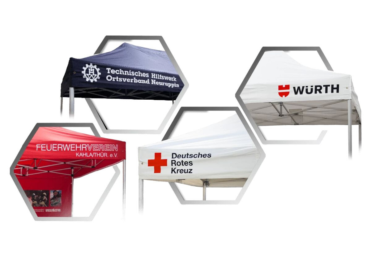 verschiedene Logos auf Faltpavillons gedruckt