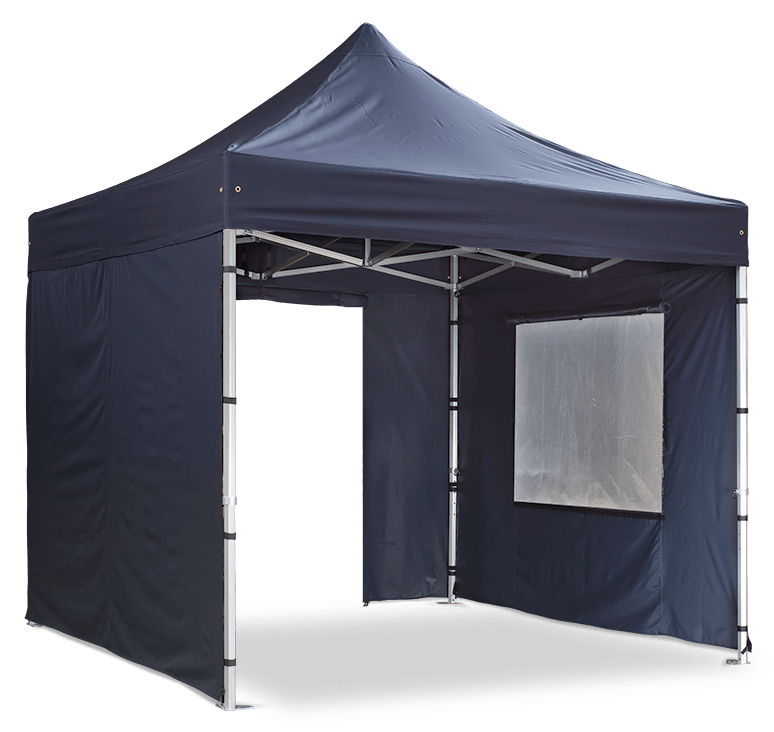 Duratent Faltpavillon mit dunkelblauem Dach und Seitenteilen, stabile Aluminiumkonstruktion, Seitenwand mit Fenster für Licht und Sichtschutz, ideal für Messen, Outdoor-Events und flexible Einsätze im Freien.