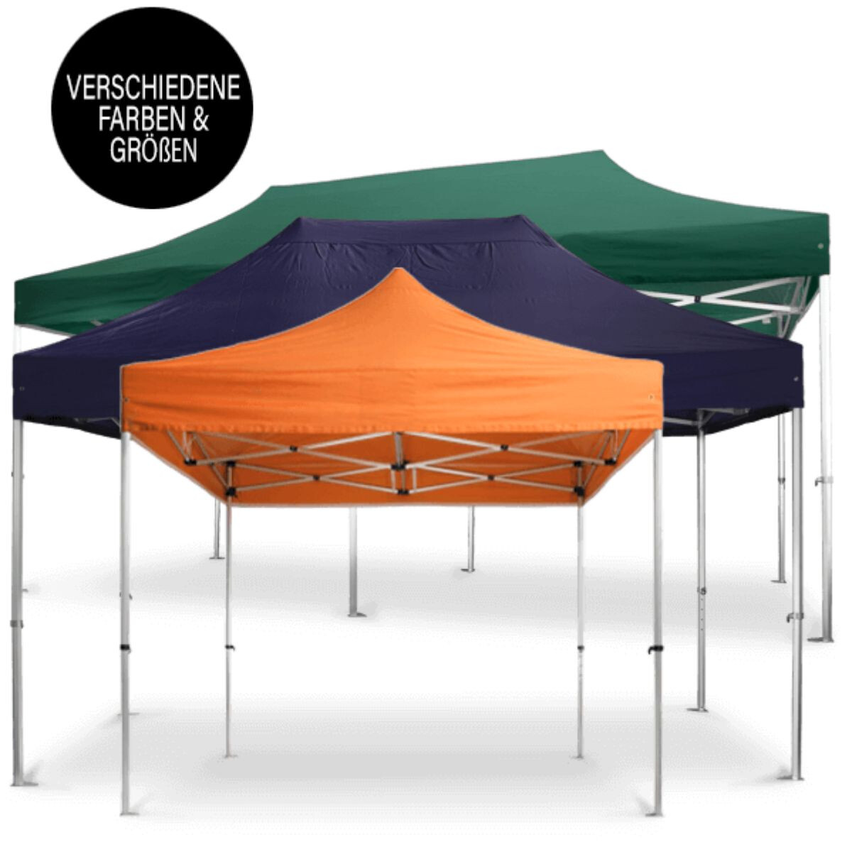 Drei Faltzelte in Orange, Dunkelblau und Grün stehen gestaffelt hintereinander; oben links ein runder Hinweis mit der Aufschrift „Verschiedene Farben & Größen“.