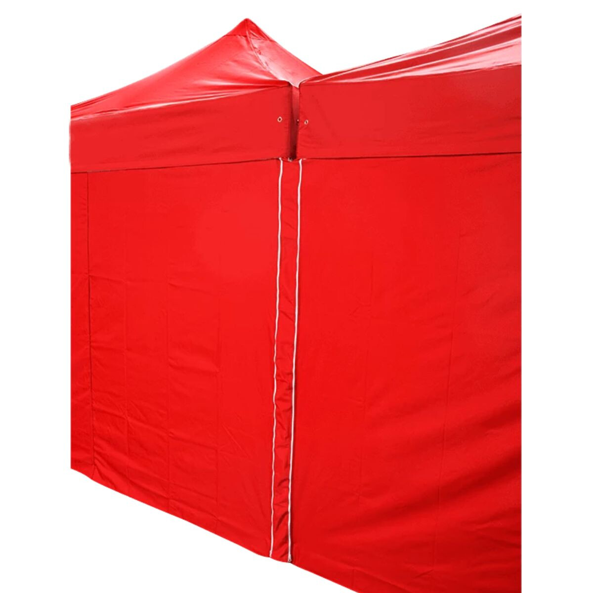 Rote Duratent Faltzelt-Seitenwand mit Reißverschluss, verbunden mit einem zweiten Faltpavillon. Die wetterfeste Seitenwand sorgt für sicheren Schutz bei Outdoor-Veranstaltungen und ergänzt das Faltzelt ideal.