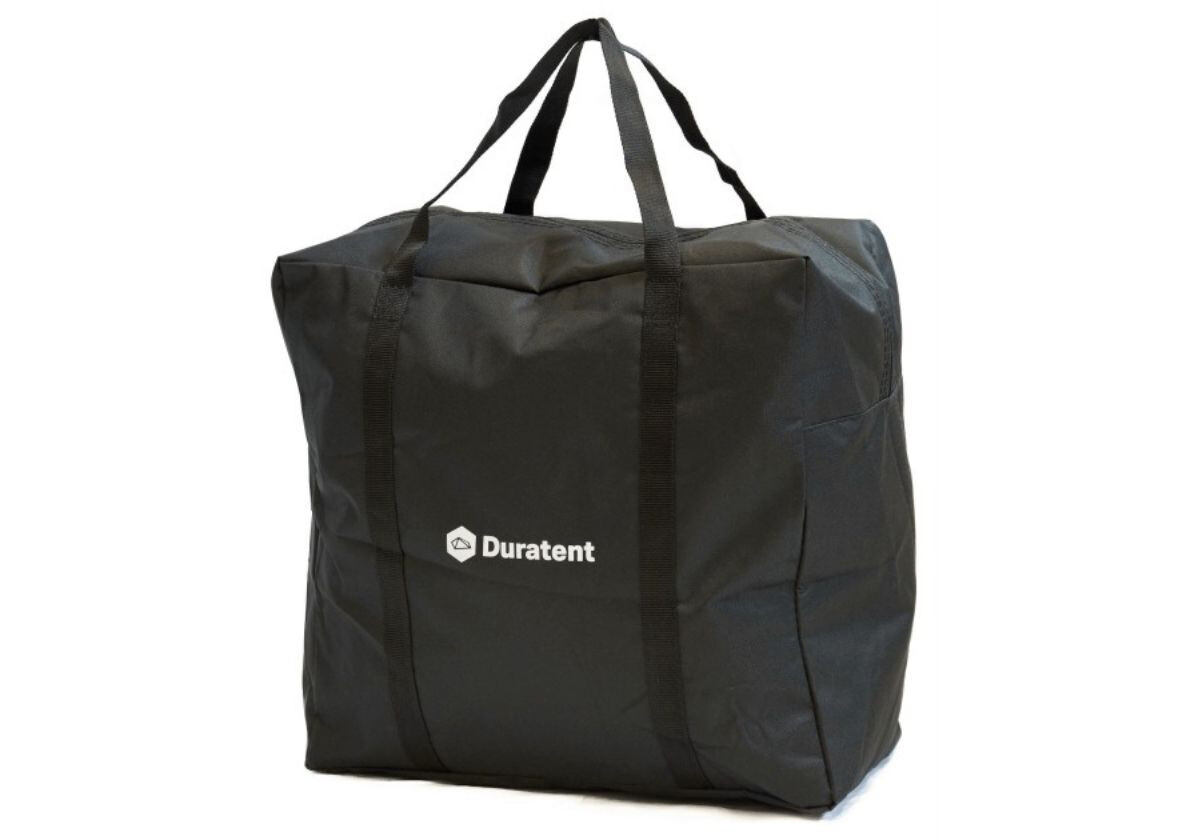 Robuste schwarze Transporttasche mit weißem Duratent-Logo zum sicheren Verstauen und einfachen Transport von Faltzelten und Faltpavillons. Praktisch für Outdoor-Einsätze und mobile Werkstattlösungen.