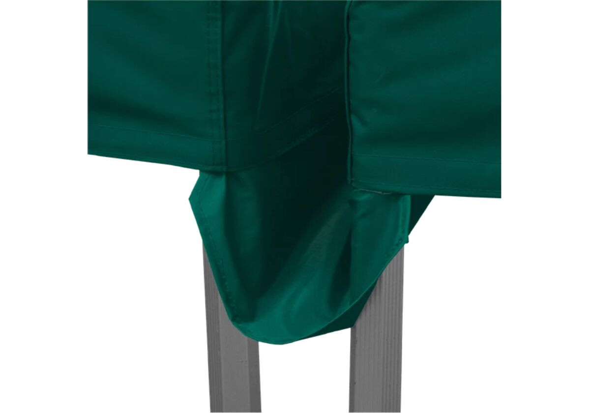 Grüner Regensammler am Eckbereich eines Duratent Faltzelts, befestigt am Aluminiumgestell. Das Zubehör sorgt für gezielte Ableitung von Regenwasser und erhöht die Wetterbeständigkeit des Faltpavillons bei Outdoor-Einsätzen.