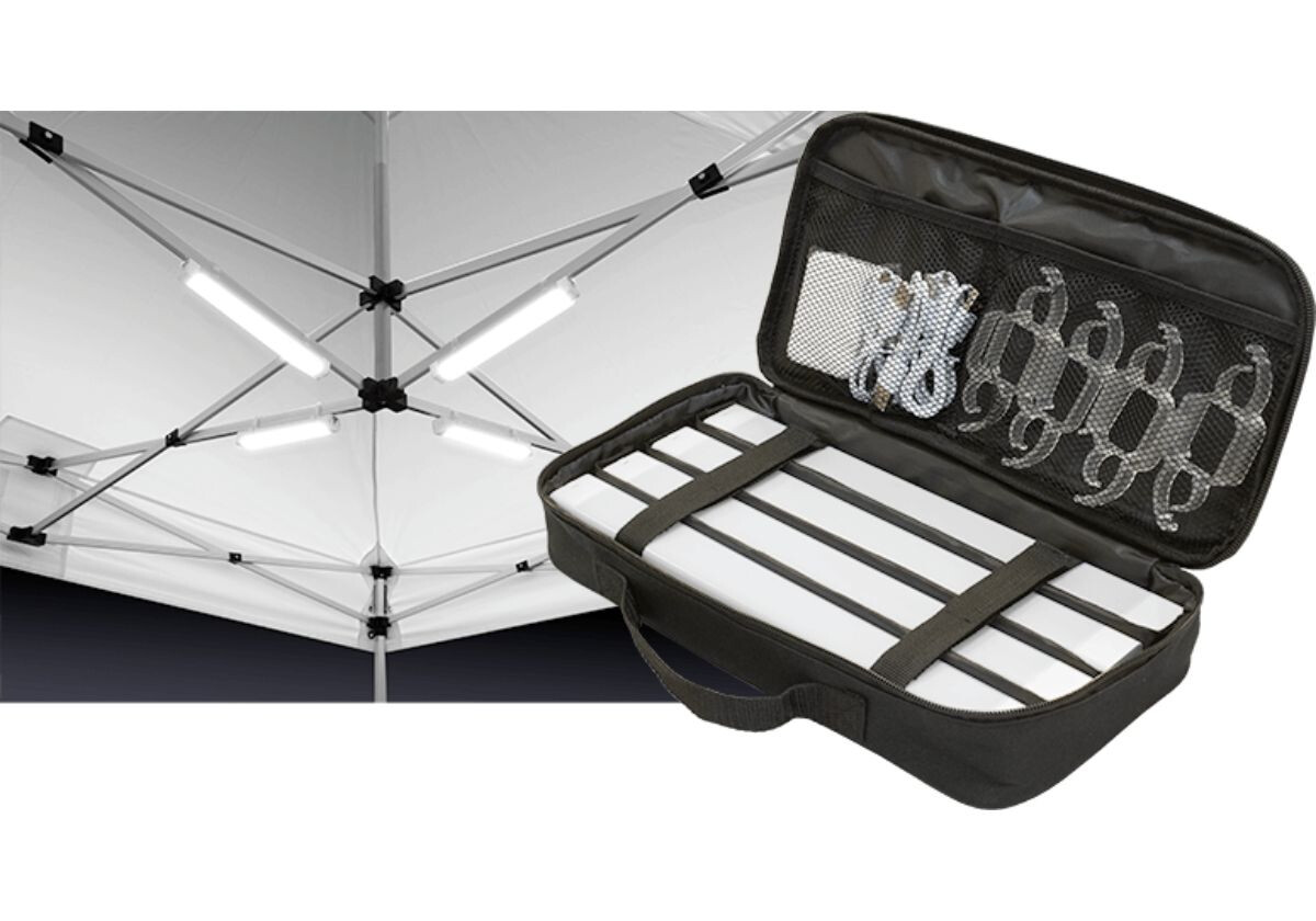 LED-Beleuchtungsset für Duratent Faltzelte, bestehend aus mehreren flexiblen LED-Leisten und Befestigungsmaterial in praktischer Transporttasche. Ideal für optimale Ausleuchtung von Faltpavillons bei Dunkelheit und Indoor-Veranstaltungen.