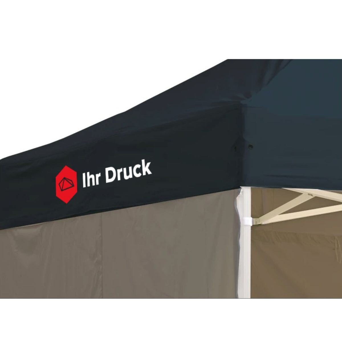 Schwarzer Duratent Faltpavillon mit individuellem Druck „Ihr Druck“ auf dem Dachvorsprung. Das Faltzelt verfügt über ein robustes Aluminiumgestell und eignet sich ideal für Werbezwecke und professionelle Outdoor-Anwendungen.