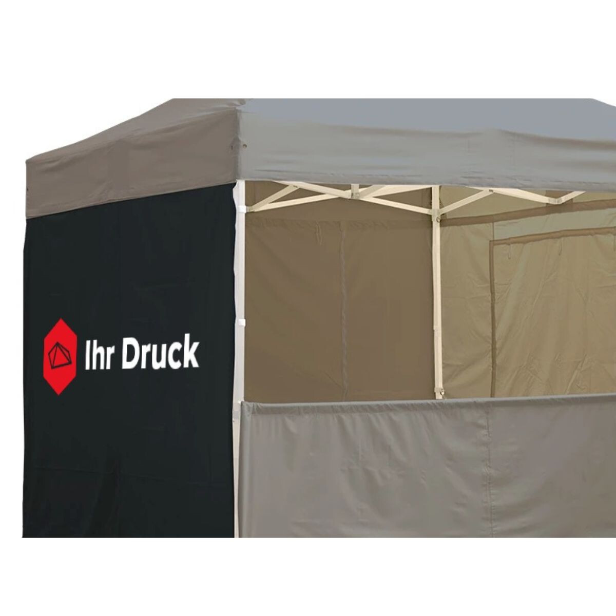 Seitliche Ansicht eines Duratent Faltzelts mit schwarzer Seitenwand und grauem Dach, bedruckt mit „Ihr Druck“. Der Faltpavillon bietet stabilen Schutz und eignet sich für Outdoor-Events und Werbezwecke mit individuellem Branding.