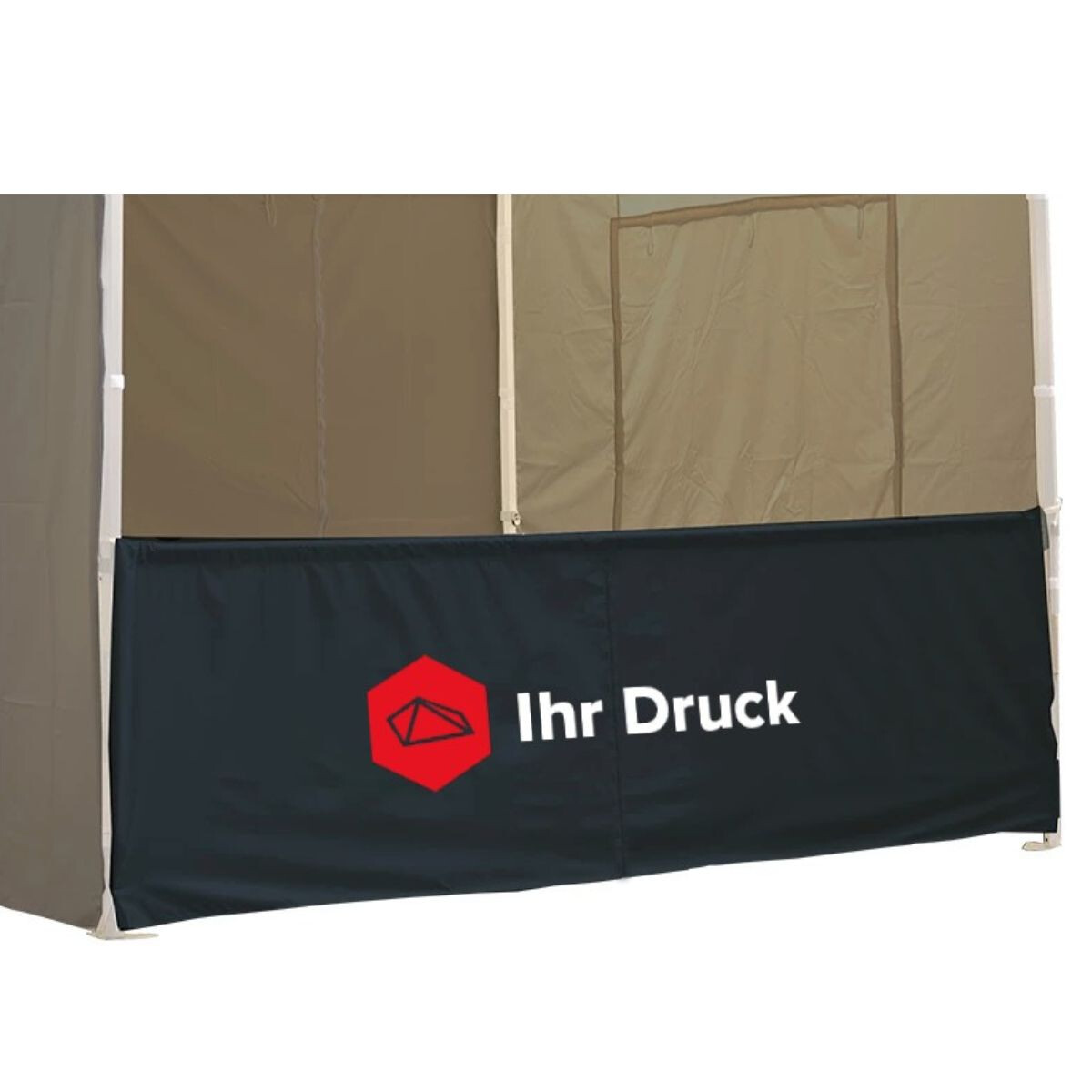 Schwarze Duratent Faltzelt Seitenblende mit Aufdruck „Ihr Druck“ in Weiß und rotem Logo. Die stabile Seitenwand schützt zuverlässig und ist optimal für individuelle Werbebotschaften an Faltpavillons geeignet.