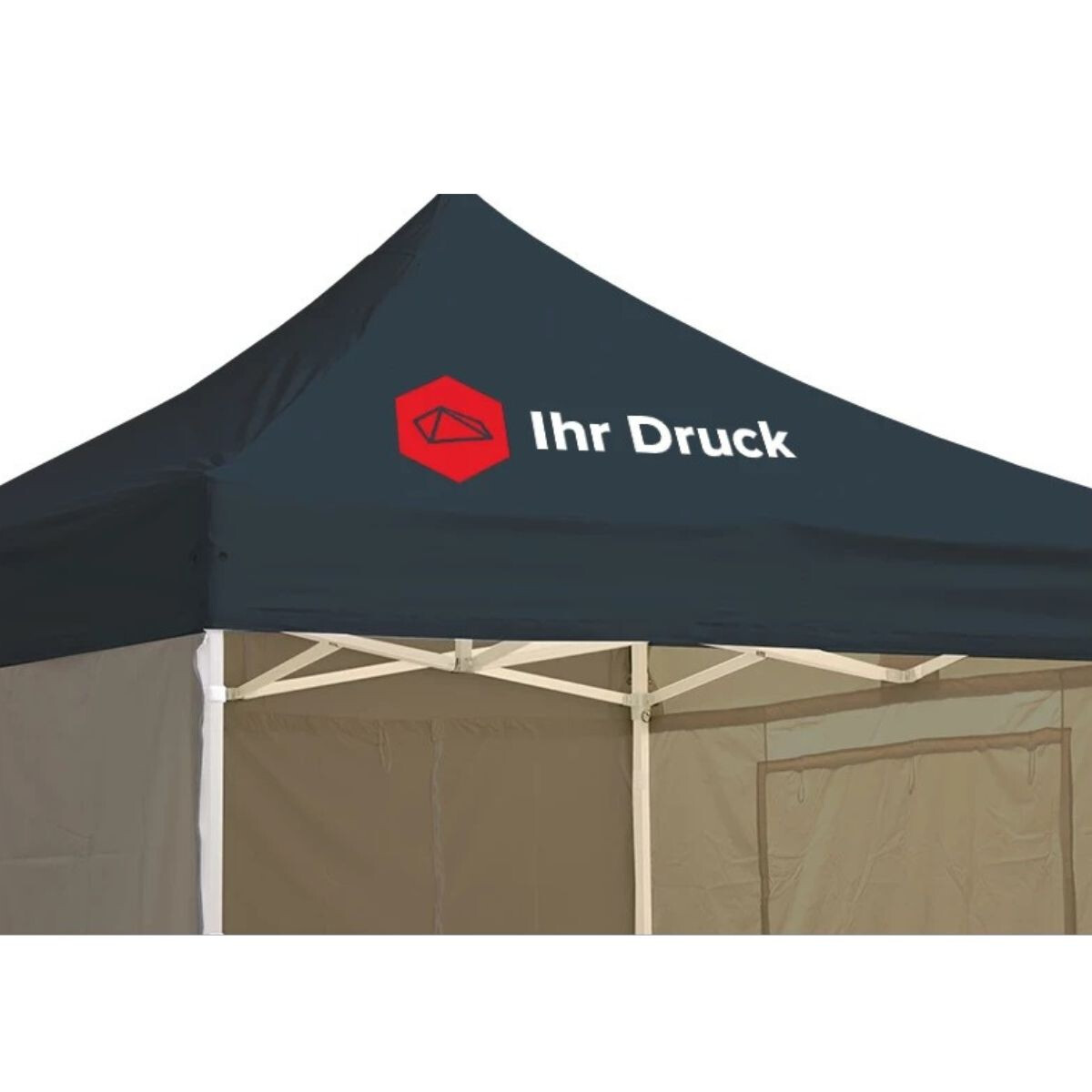 Nahaufnahme eines schwarzen Duratent Faltzelts mit individuell bedrucktem Dach und dem Schriftzug „Ihr Druck“. Der Faltpavillon mit stabilem Rahmen eignet sich ideal für Werbezwecke und professionelle Einsätze im Outdoor-Bereich.