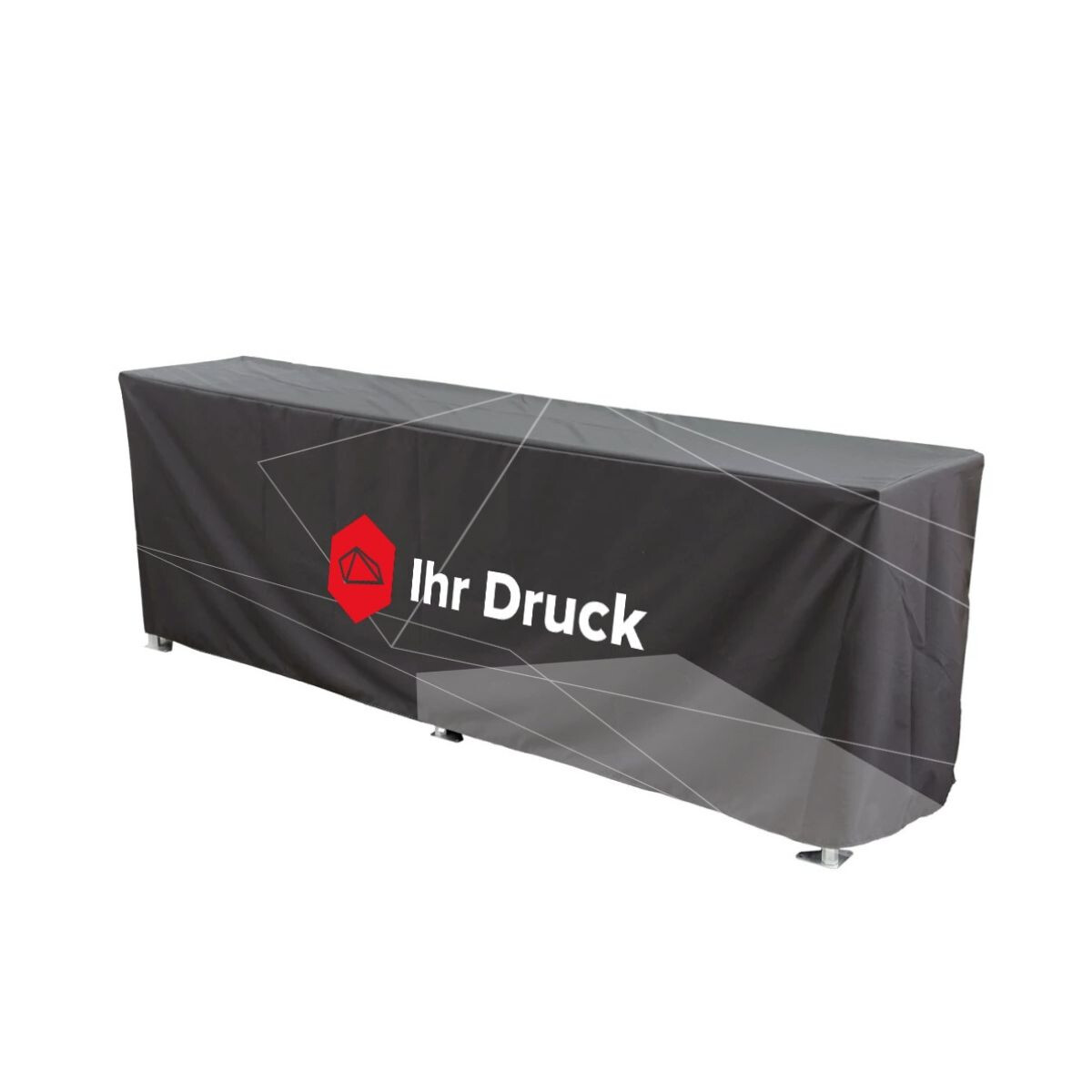 Schwarze Tischhusse mit weißem Aufdruck „Ihr Druck“ und rotem Duratent-Logo, passend zu Faltzelten und Faltpavillons. Die maßgeschneiderte Husse eignet sich ideal für Messen, Events und professionelle Outdoor-Einsätze.