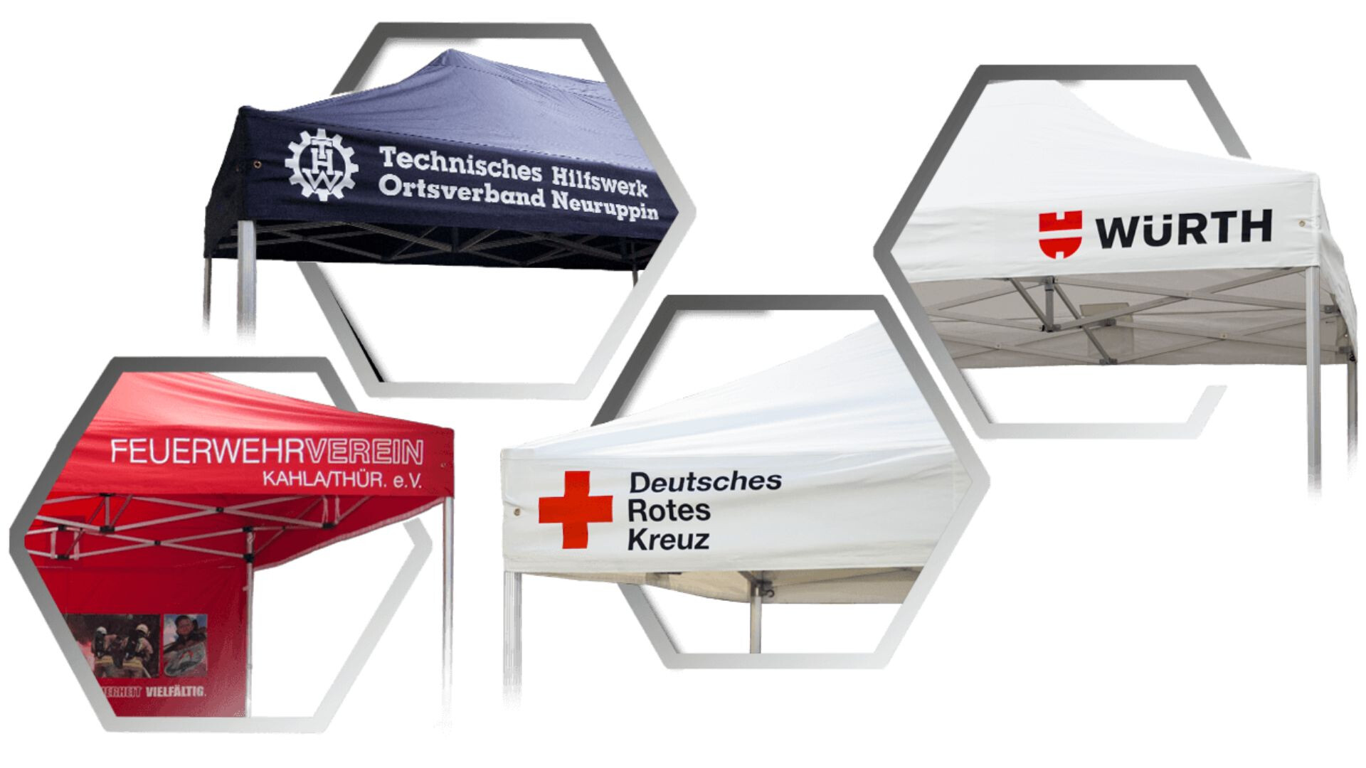 Duratent Faltpavillons mit unterschiedlichen Kundenlogos von Einsatzkräften