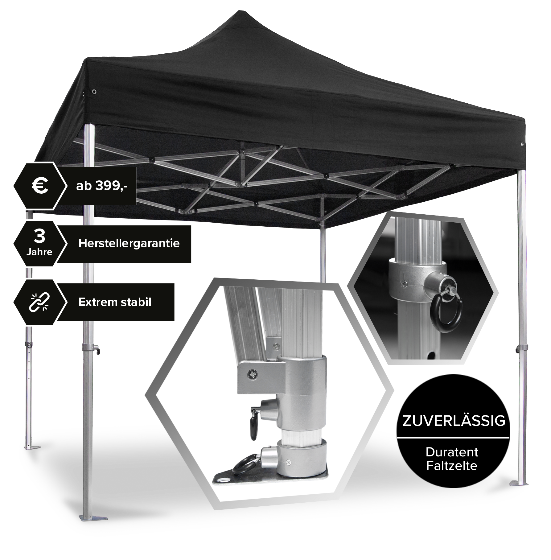 Duratent Faltpavillon in Schwarz mit Produkthighlights als Sticker