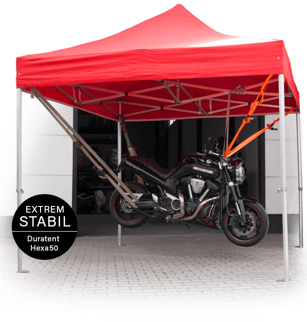 Duratent rotes Hexa 50 Faltzelt mit angehangenem Motorrad